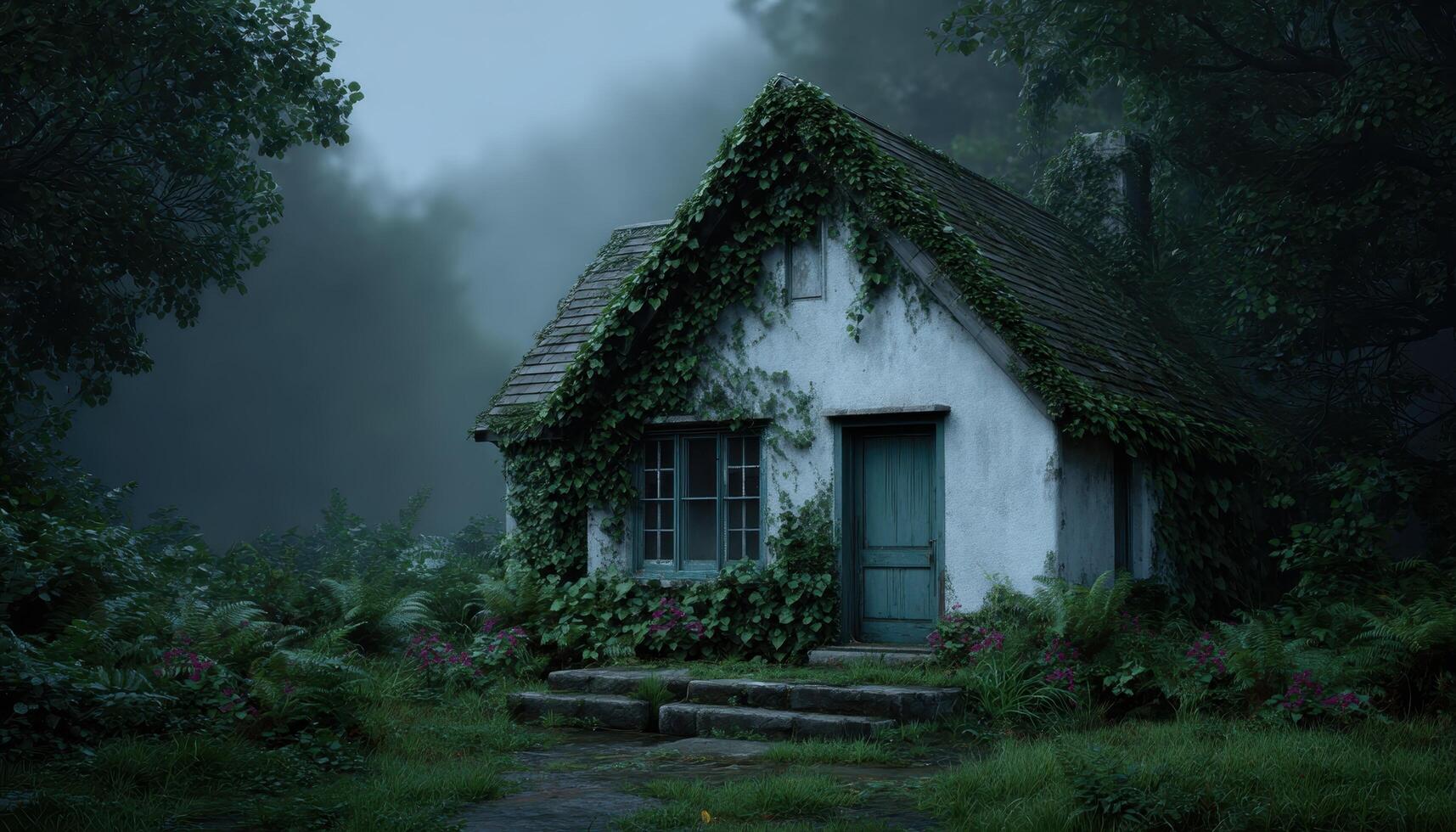 Mysterious forgotten cottage in foggy forest enigmatic atmosphere nature landscape serene view photo
