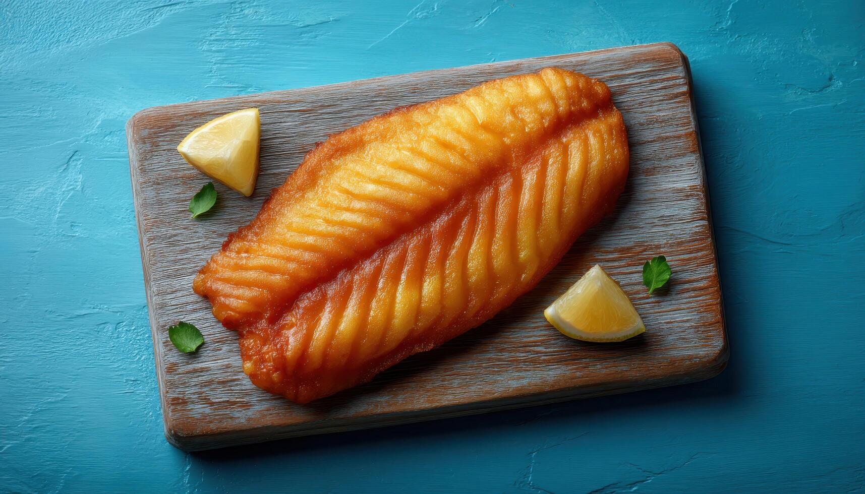 Crispy fried fish fillet with lemon slices kitchen food photography bright environment top view culinary delight photo