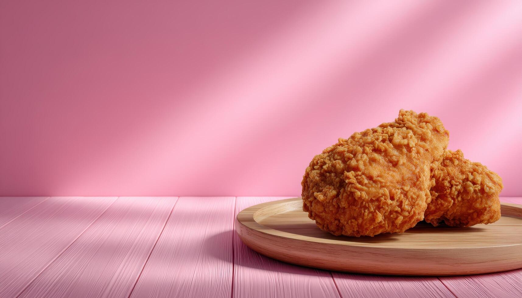 Golden fried chicken delight pink background food photography cozy setting close-up view culinary treat photo