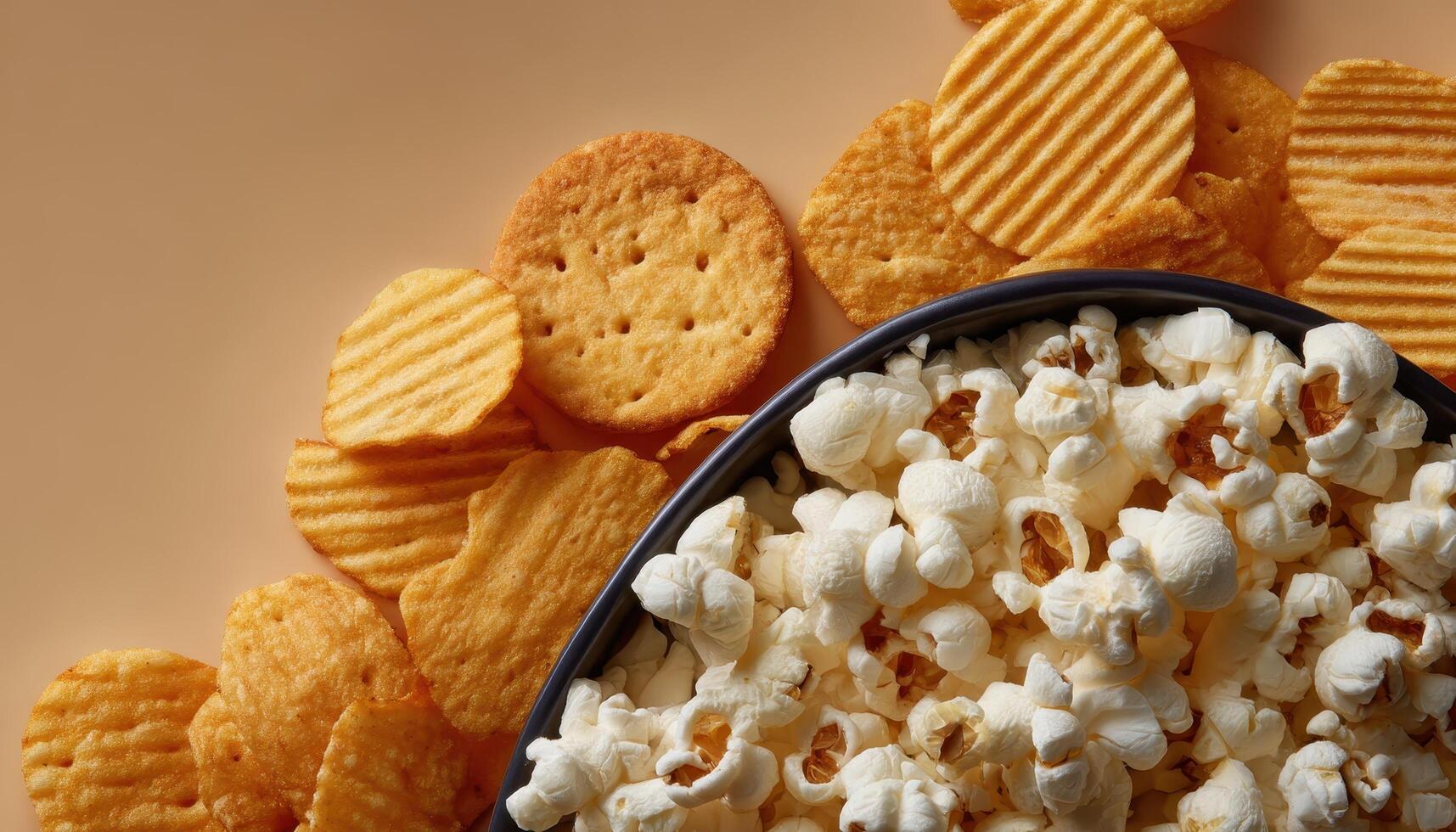 Crispy snack medley cozy home food photography soft lighting flat lay concept photo