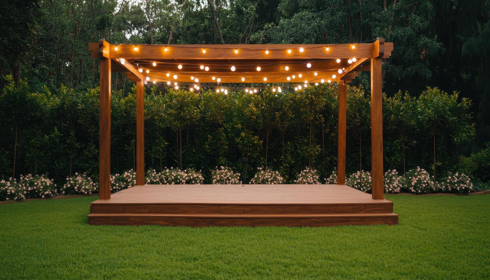 Charming wooden stage with string lights on lush green lawn outdoor event setup serene atmosphere photo