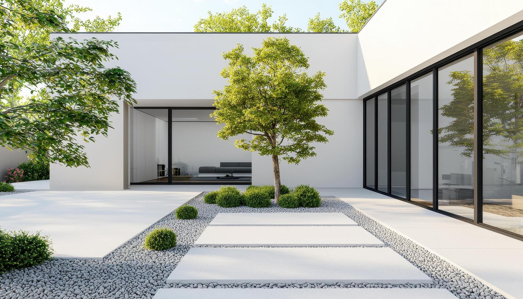 Modern minimalist garden design residential home outdoor space serene environment wide angle tranquility concepts photo