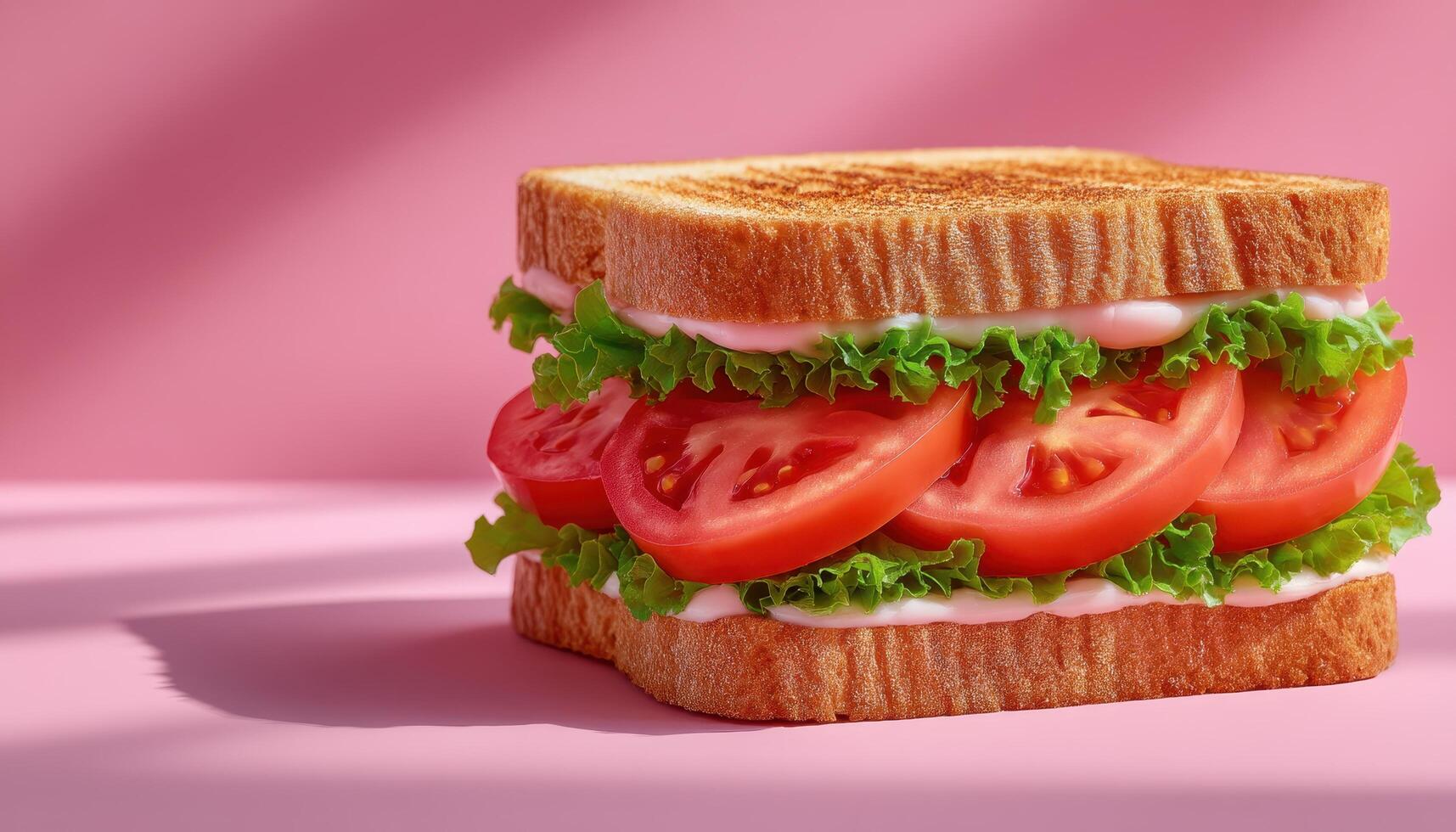 Gourmet sandwich layers with fresh ingredients minimalist flat lay colorful background photo