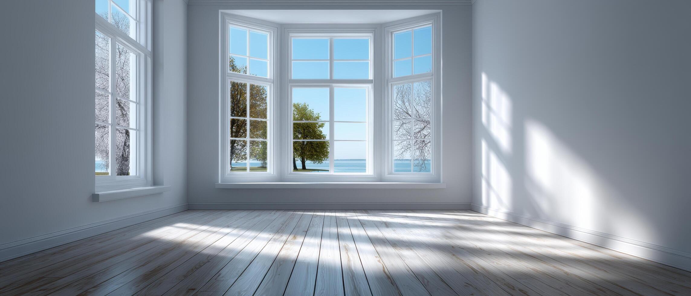 Sunlight streaming through large windows in a modern room bright and airy interior design tranquil atmosphere photo