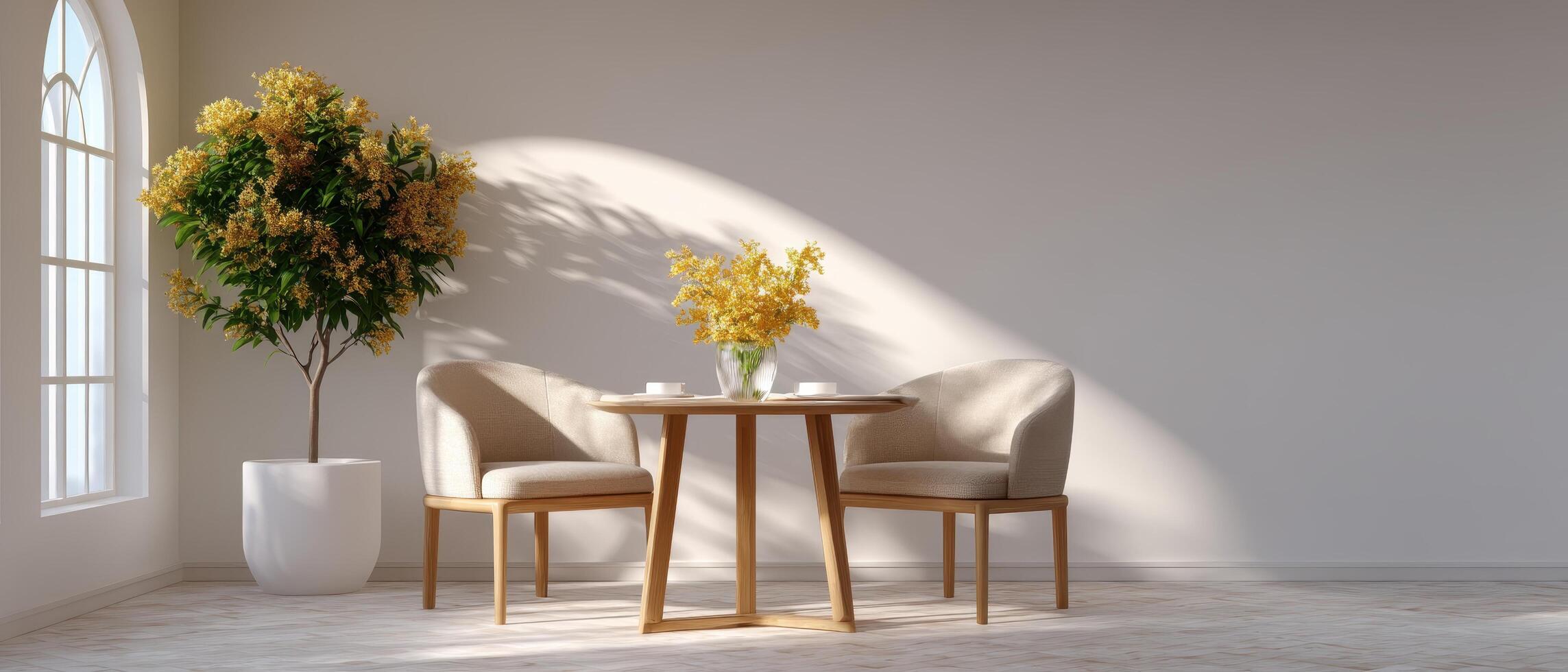 Cozy minimalist dining experience for two bright interior modern design peaceful ambiance photo