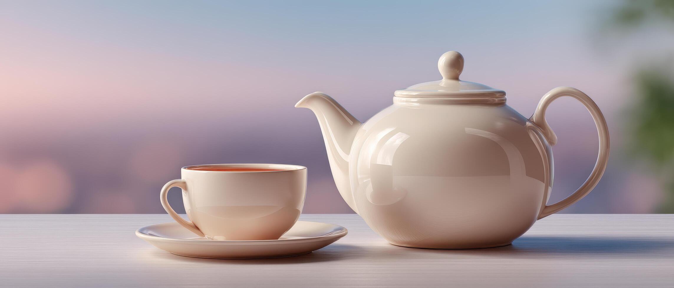Elegant teapot and cup setup modern kitchen still life pristine surface closeup view chic design photo