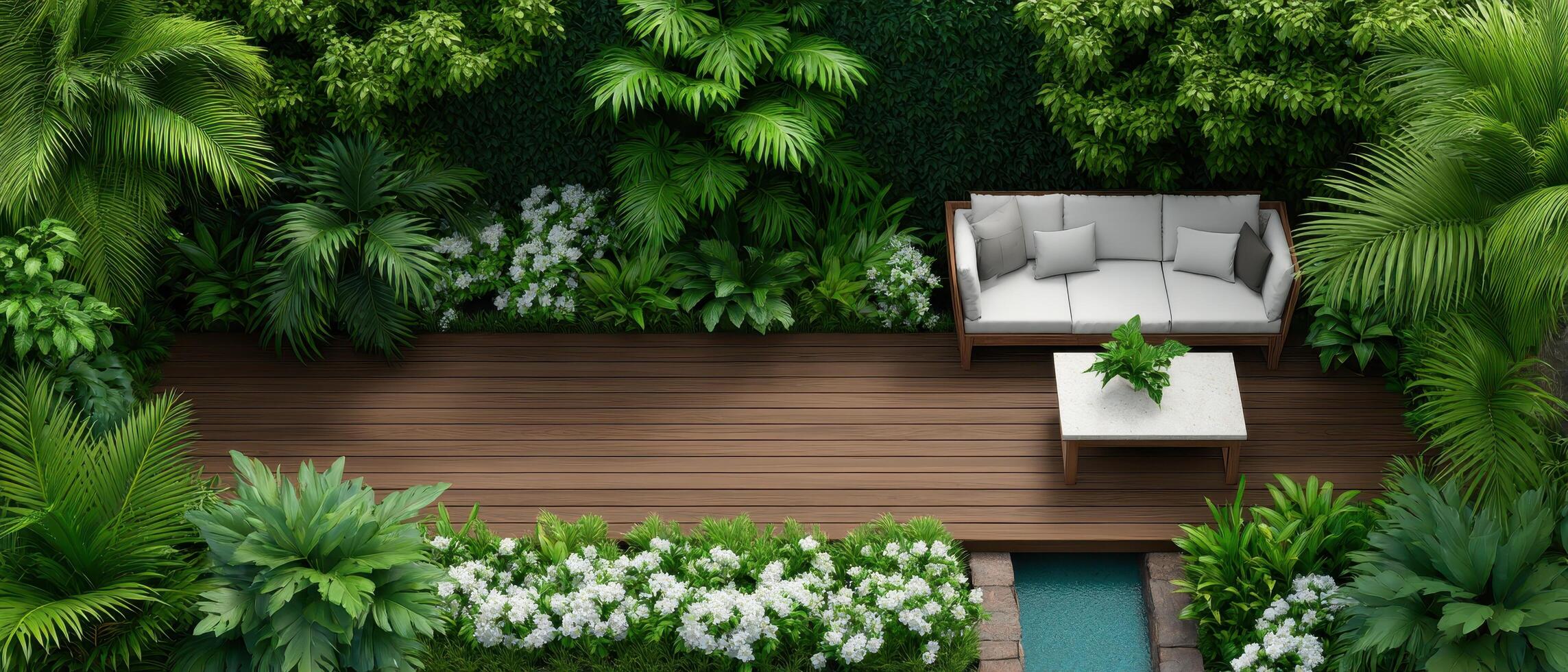 Inviting wooden terrace surrounded by lush greenery topdown view nature scene relaxing environment photo