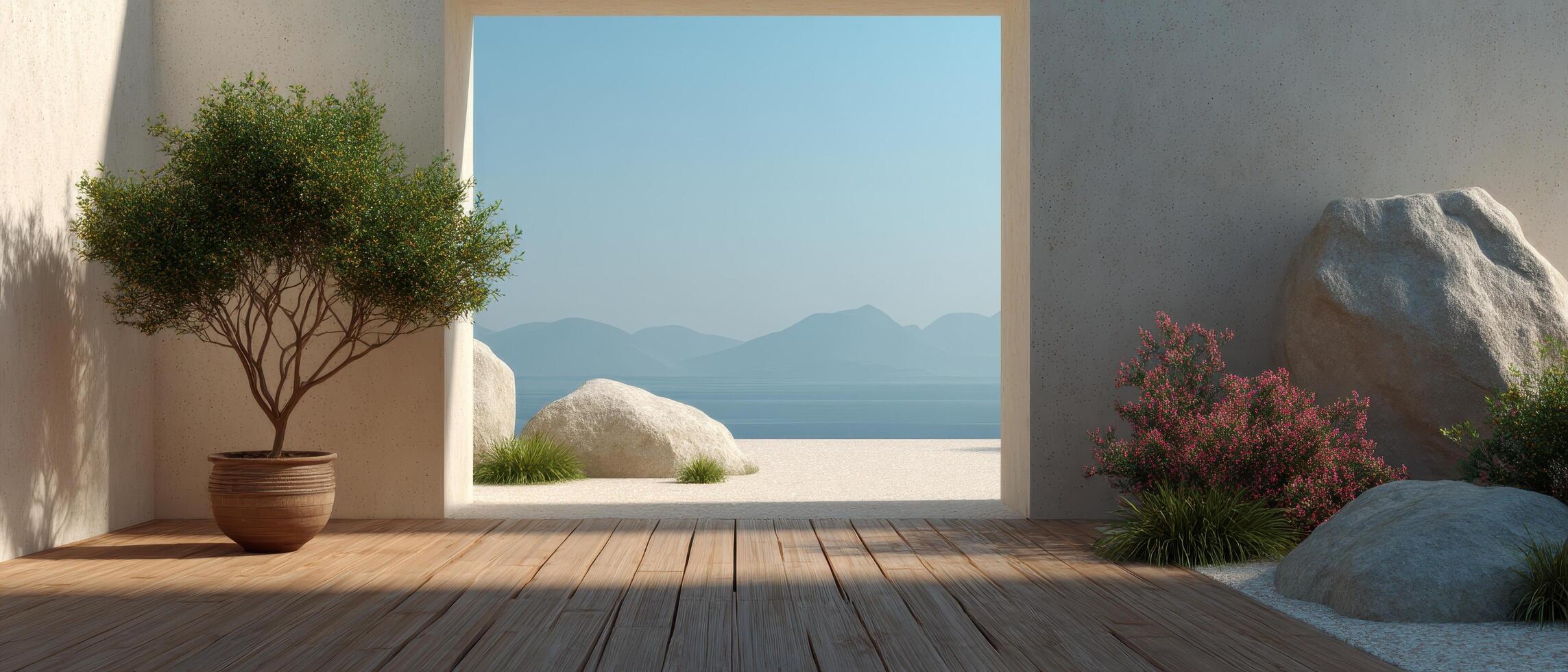 Serene outdoor space with elegant wooden structure coastal view tranquil environment minimalist design photo