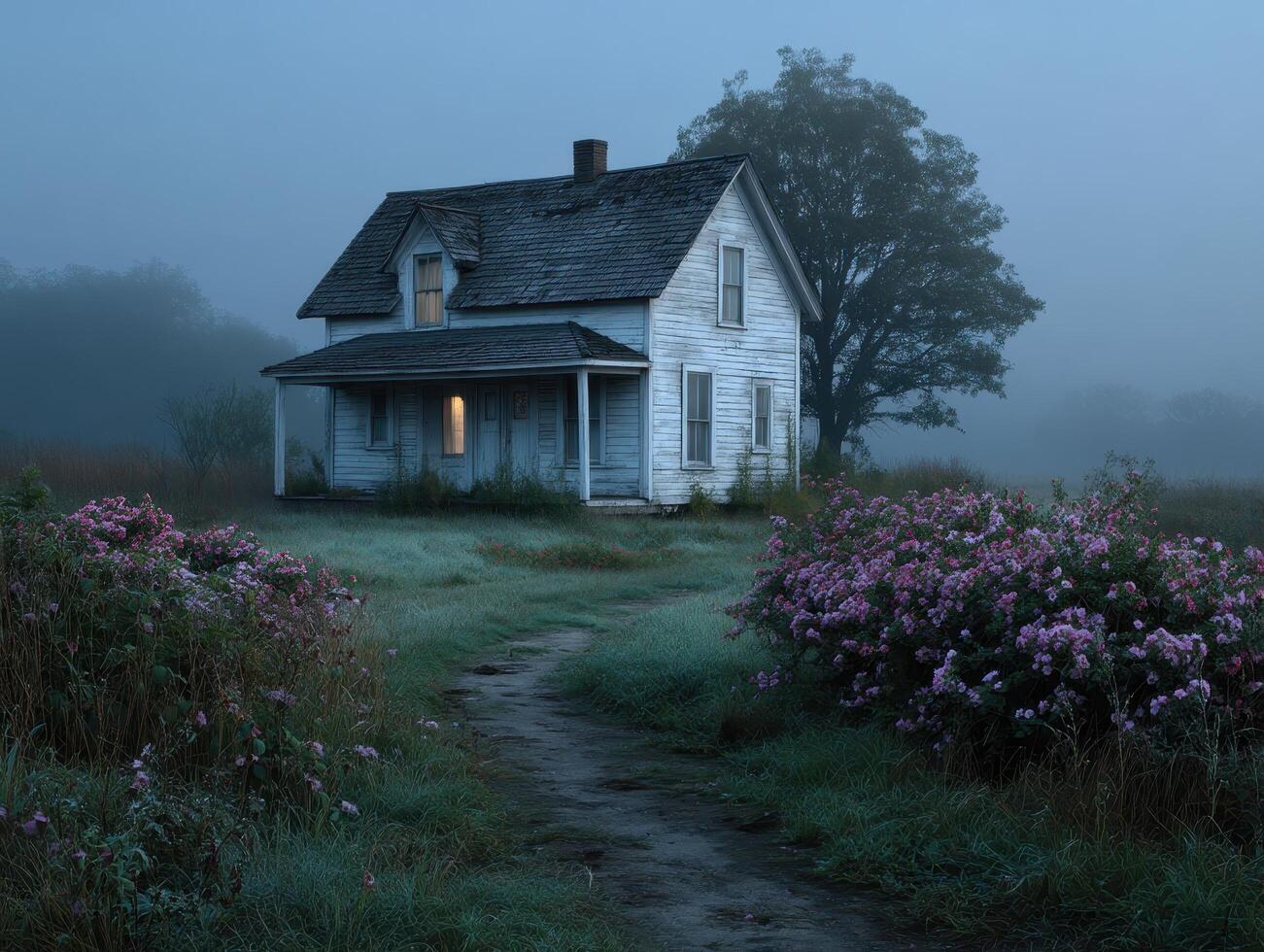 Spooky abandoned house at dawn foggy landscape photography rural serenity atmospheric mood photo