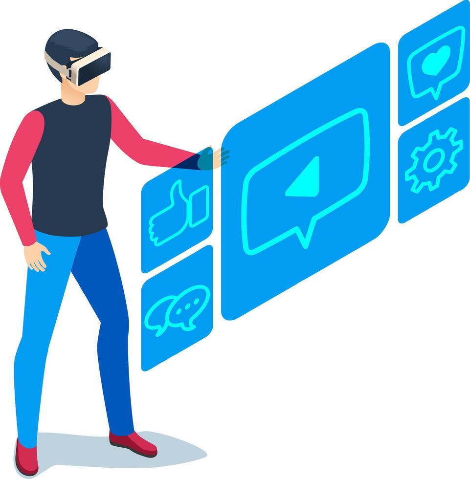Man wearing virtual reality headset interacting with social media icons like play button, thumbs up, heart, chat and settings, representing social media marketing in metaverse vector