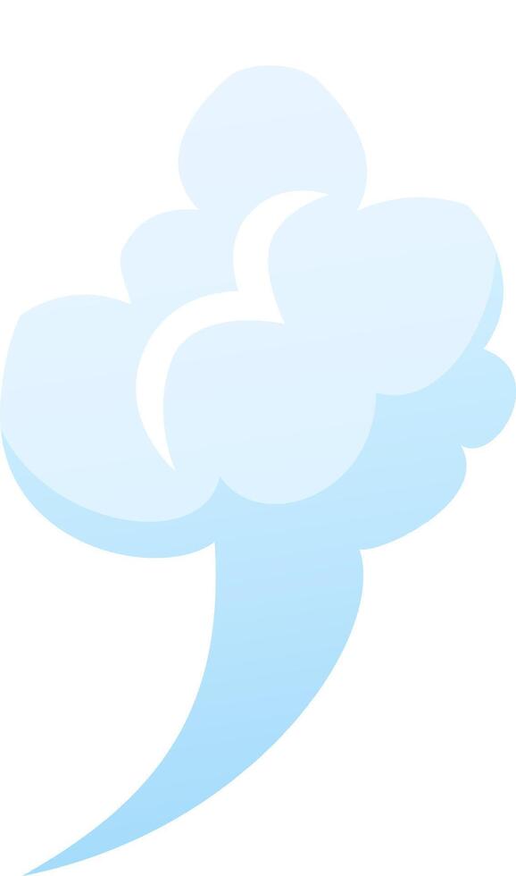 Light blue cartoon cloud is swirling, creating a tail, against a clean white backdrop, ideal for weather, fantasy, or children's projects vector