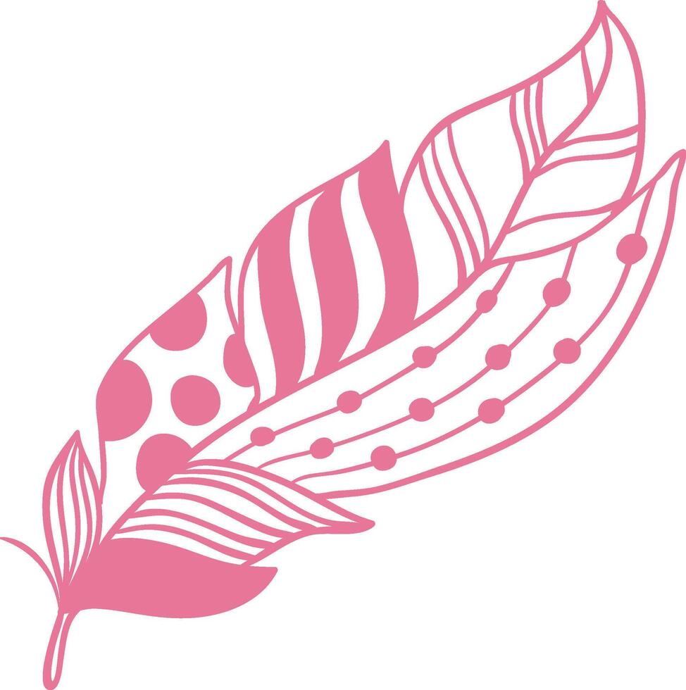 Stylized feather boasts intricate patterns, blending polka dots, stripes, and delicate lines, forming a harmonious composition ideal for design projects seeking a touch of elegance and whimsy vector