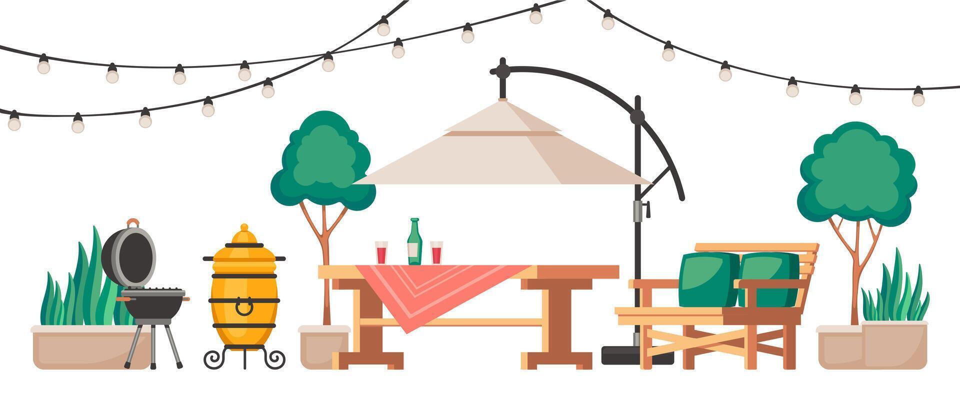 Backyard patio furniture with barbecue grill, outdoor table and chairs, drinks, trees in pots and string lights . Summer leisure picnic scene. Flat cartoon style illustration vector