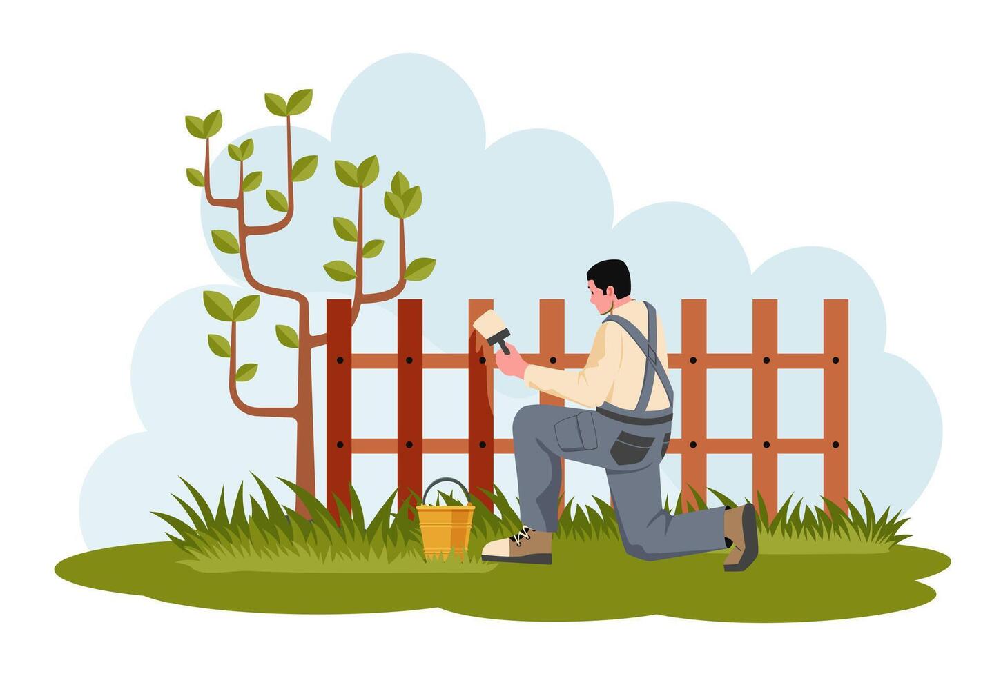 Gardener kneeling and painting wooden fence in garden during spring with brush and bucket. Green grass and small tree. Flat cartoon style. illustration vector