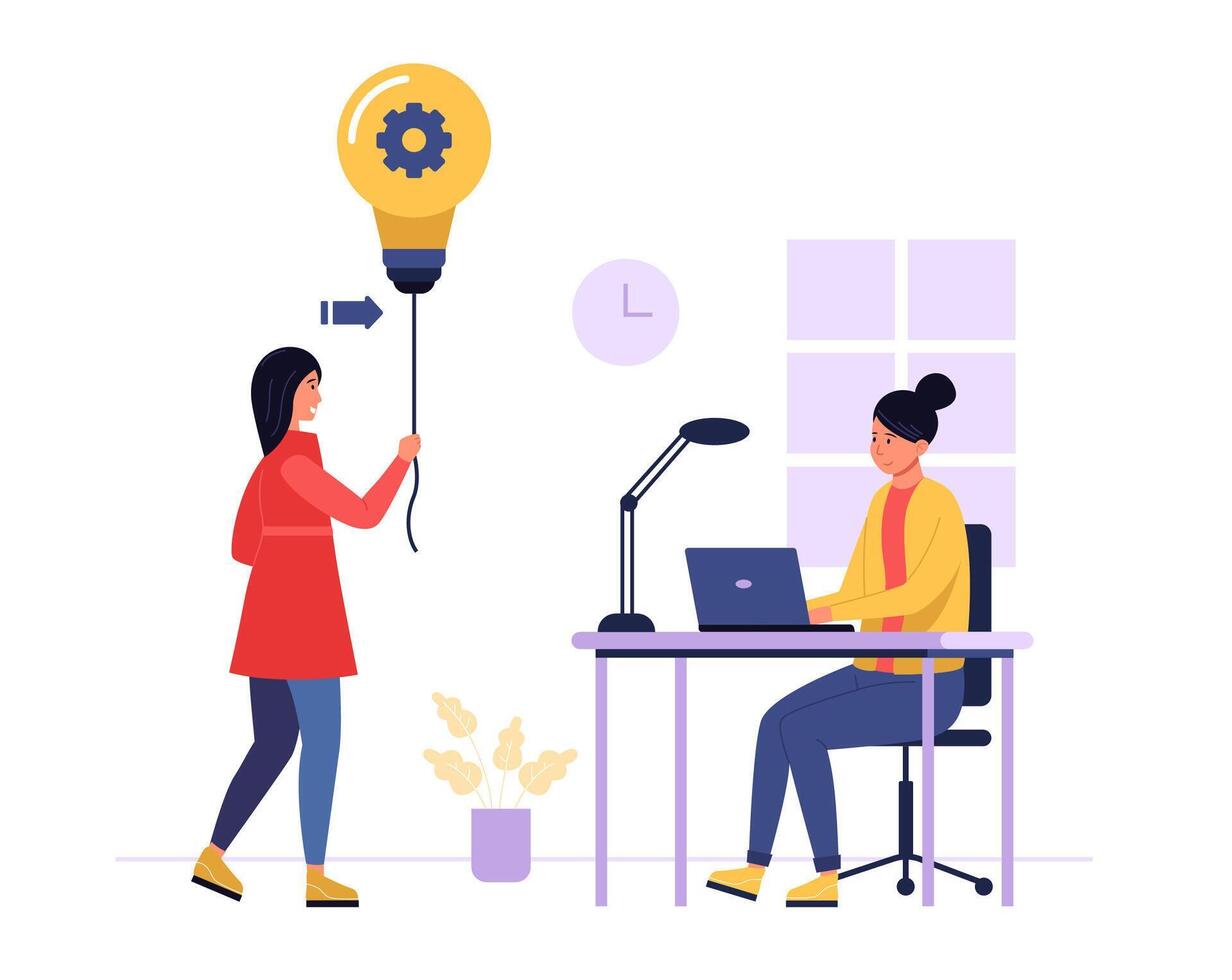 Two female colleagues collaborating in office. Woman holds light bulb with gear symbolizing innovative ideas. Creative teamwork, solution sharing concept. Business startup. Flat illustration vector