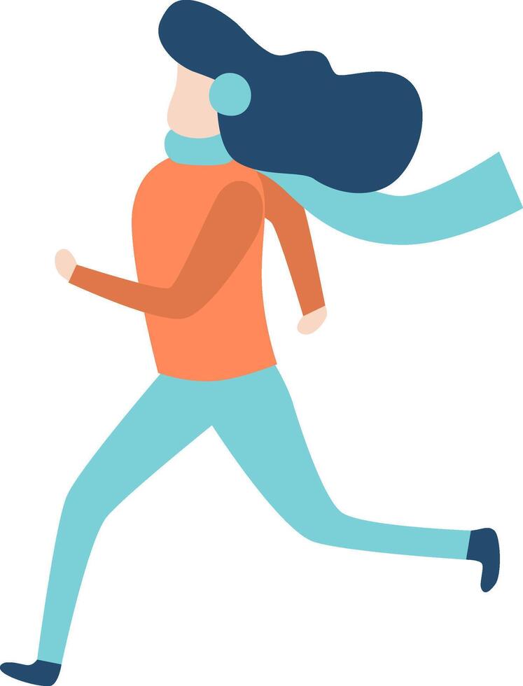 Young woman running joyfully outdoors in winter attire, featuring earmuffs and a scarf, embracing the thrill of her fitness routine in the crisp, cold weather vector