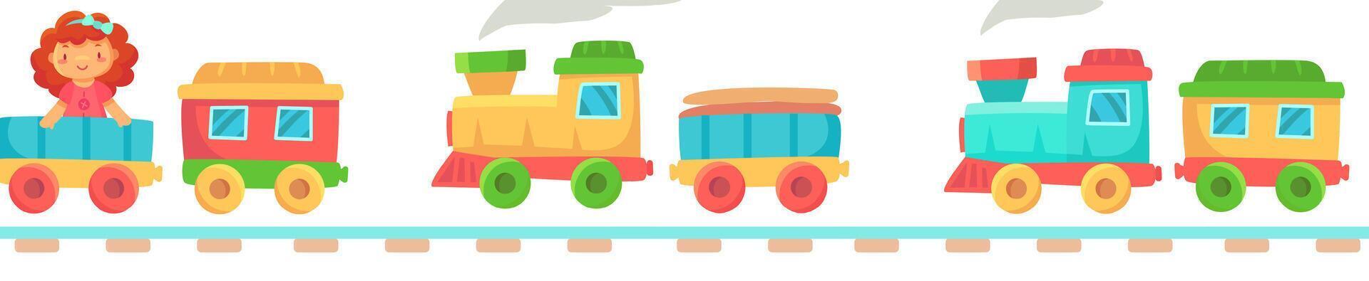 Colorful toy train set with locomotive, passenger car, freight car and a little girl playing on a white background, perfect for childhood, fun and games related concepts vector