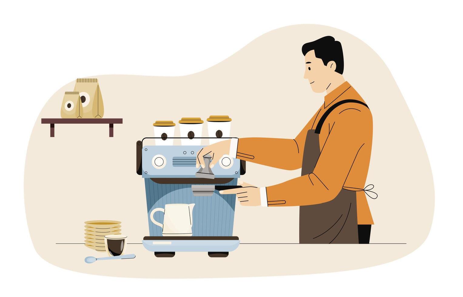 Barista brewing coffee using espresso machine with milk jug, cups and coffee bags on shelf. Coffee preparation. Beverage lifestyle. Flat cartoon style illustration vector