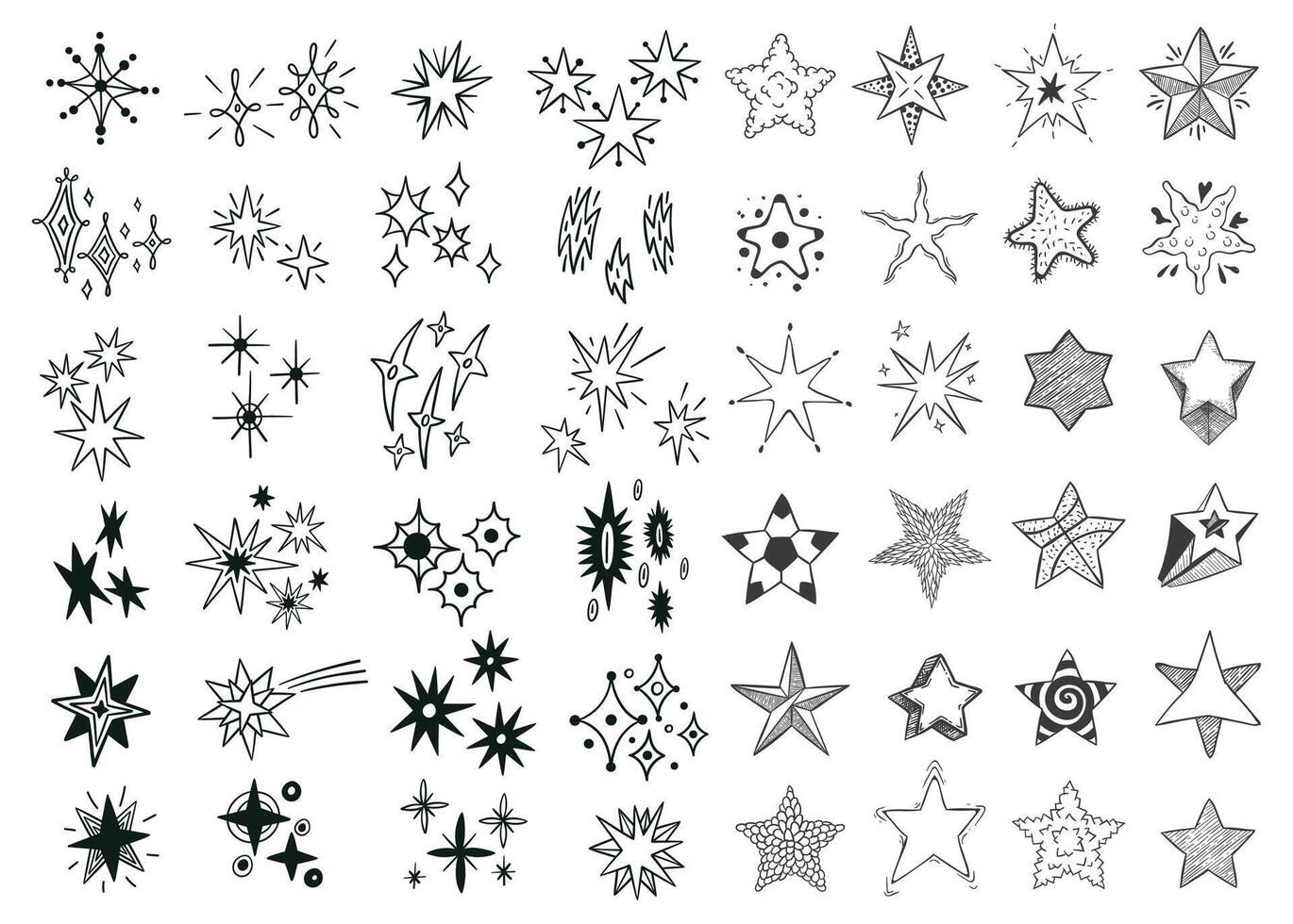 Doodle stars sparkle with different textures and shapes on white background. Hand drawn star forms fancy cosmic elements. Set of symbols for decoration or sticker, astrology or tattoo vector