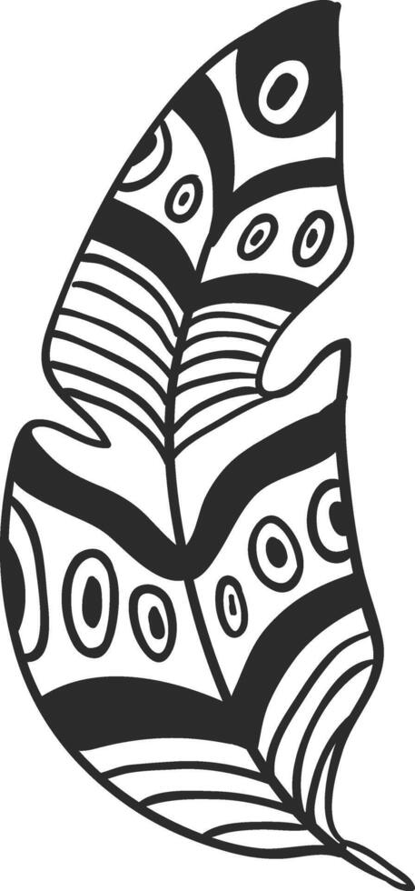 Stylized feather featuring a decorative pattern of black and white stripes and dots, offering a simple yet intricate design suitable for various creative projects vector