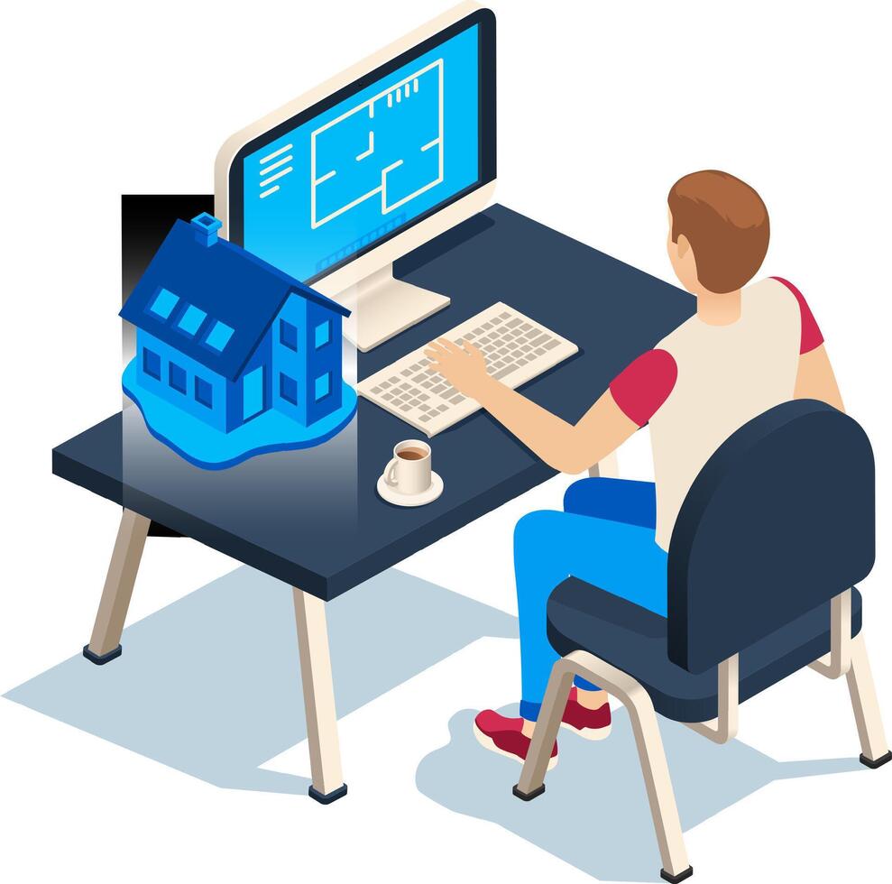 Architect working on a computer with architectural software projecting a 3d model of a house, isometric view of a workspace with desktop computer, keyboard, mouse and coffee cup vector