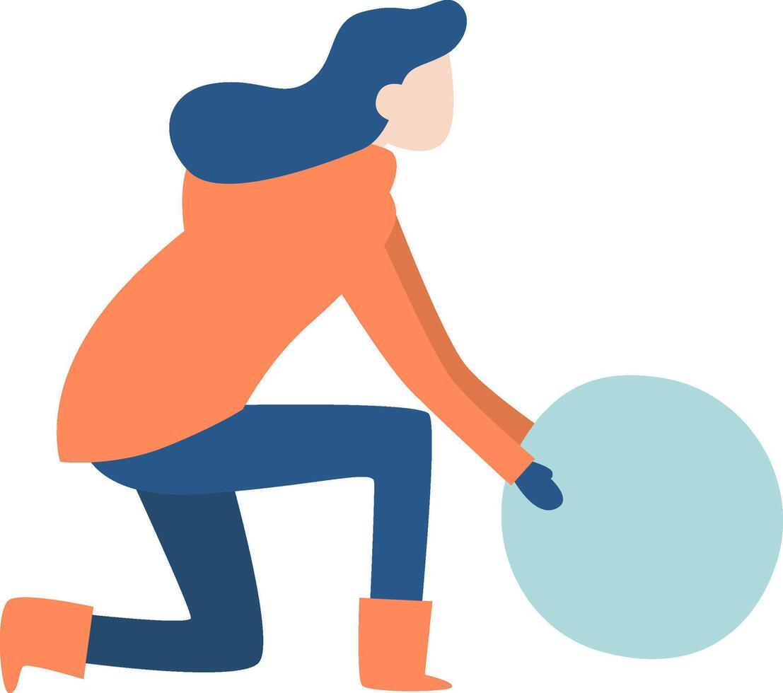 Young woman kneeling in the snow, pushing a giant snowball to create a cheerful snowman, fully embracing the joy of winter leisure activities in a picturesque outdoor setting vector