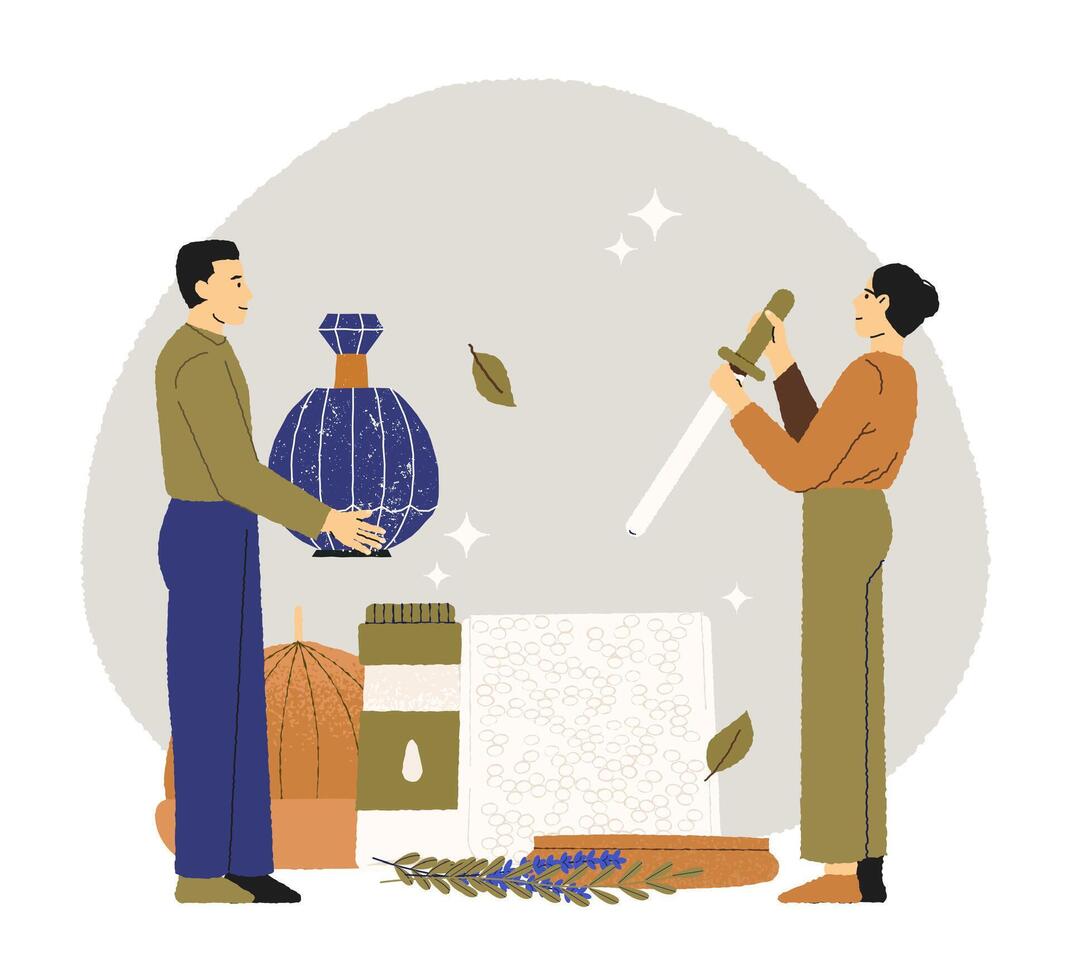 Two artisan with sword and large bottle near herbal products preparing homemade aromatherapy candles and diffusers using natural ingredients. Aromatherapy and wellness. illustration vector