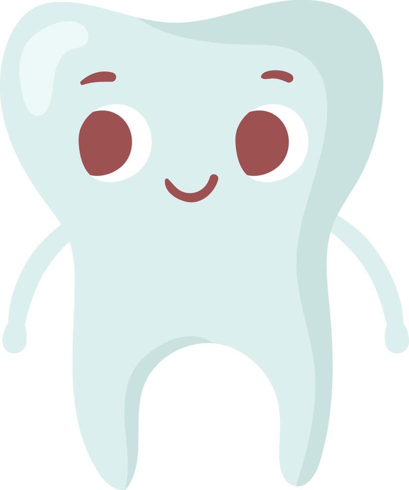 Cartoon illustration of a smiling tooth with big eyes and small arms standing on a white background, promoting dental health and hygiene for children vector