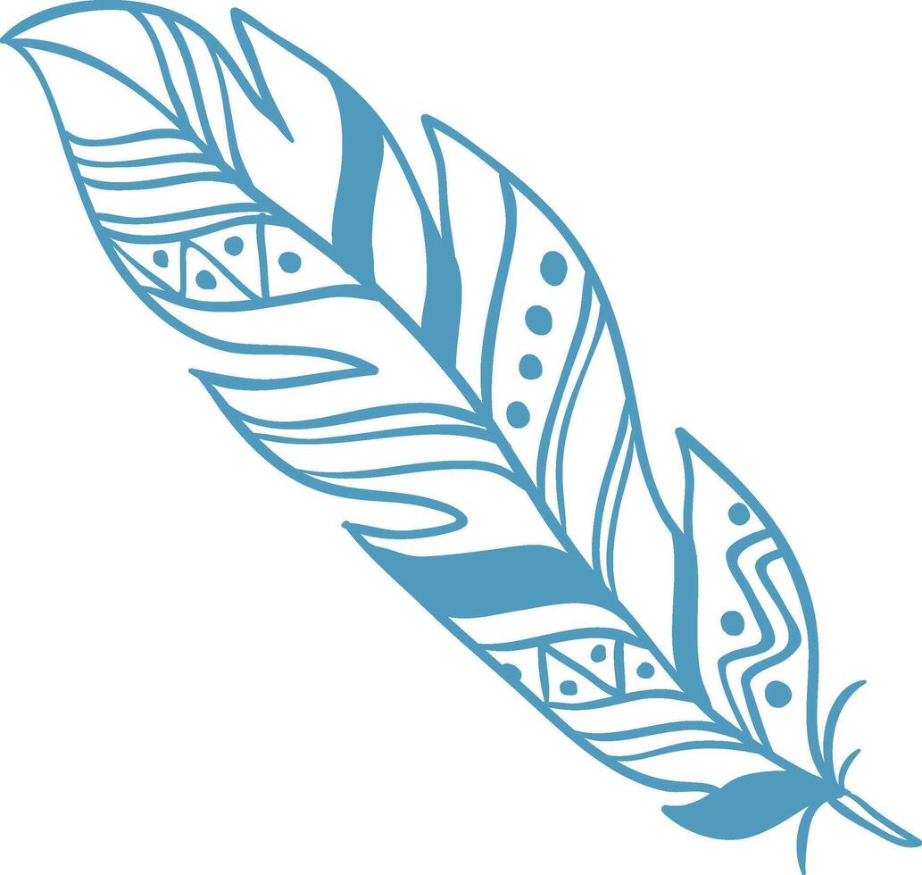 Light blue single feather with ethnic decorations, lines, dots and triangles, isolated on white background represents freedom, lightness, and traditional art vector