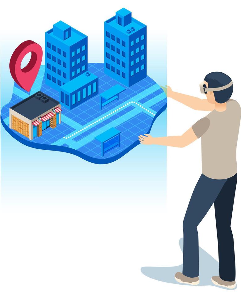 Man wearing a virtual reality headset interacts with a holographic 3D map displaying location pins, buildings, streets, and bus stops, illustrating augmented reality and smart city navigation vector