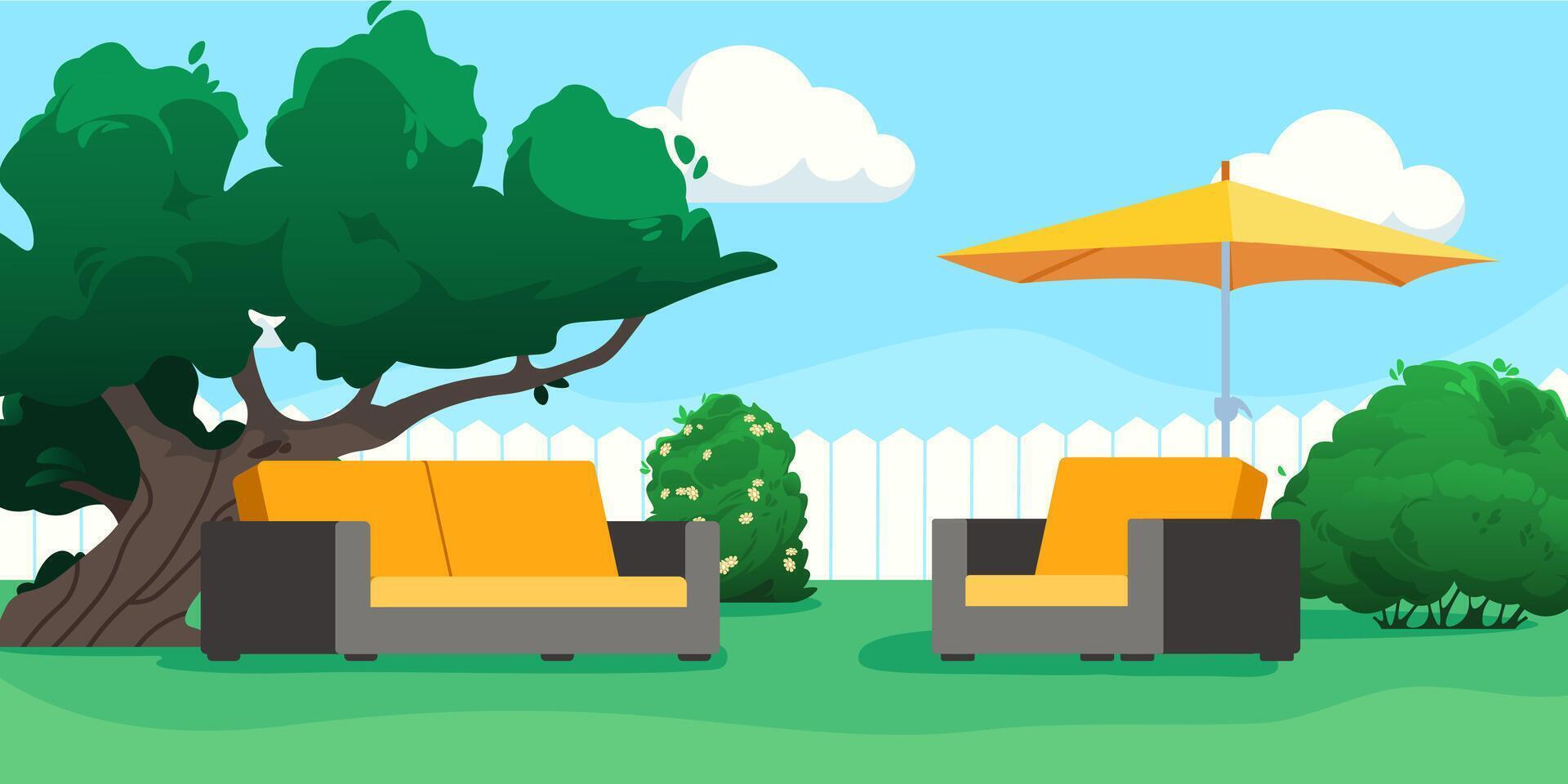 Backyard patio with sofa, yellow umbrella and green trees against blue sky with clouds. Modern garden furniture in seating area. Flat illustration vector