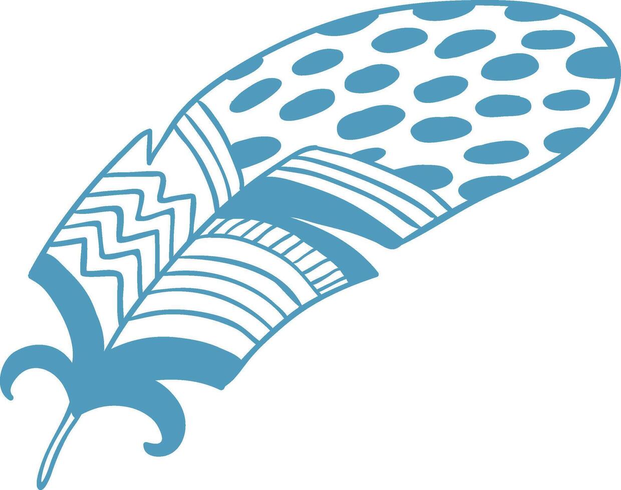 Light blue single feather with decorative patterns representing lightness, freedom, hope, peace, and softness, ideal for textile prints, wall art, and stationery vector
