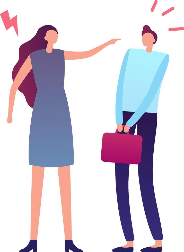 Furious businesswoman is scolding a guilty businessman who is holding a briefcase, representing a conflict or disagreement in a professional environment vector