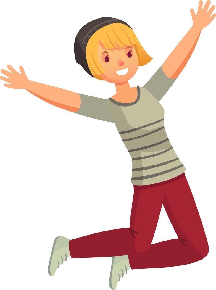 Happy young woman wearing casual clothes jumps joyfully with open arms, radiating excitement and freedom. Her cheerful smile captures the essence of positivity and carefree fun vector