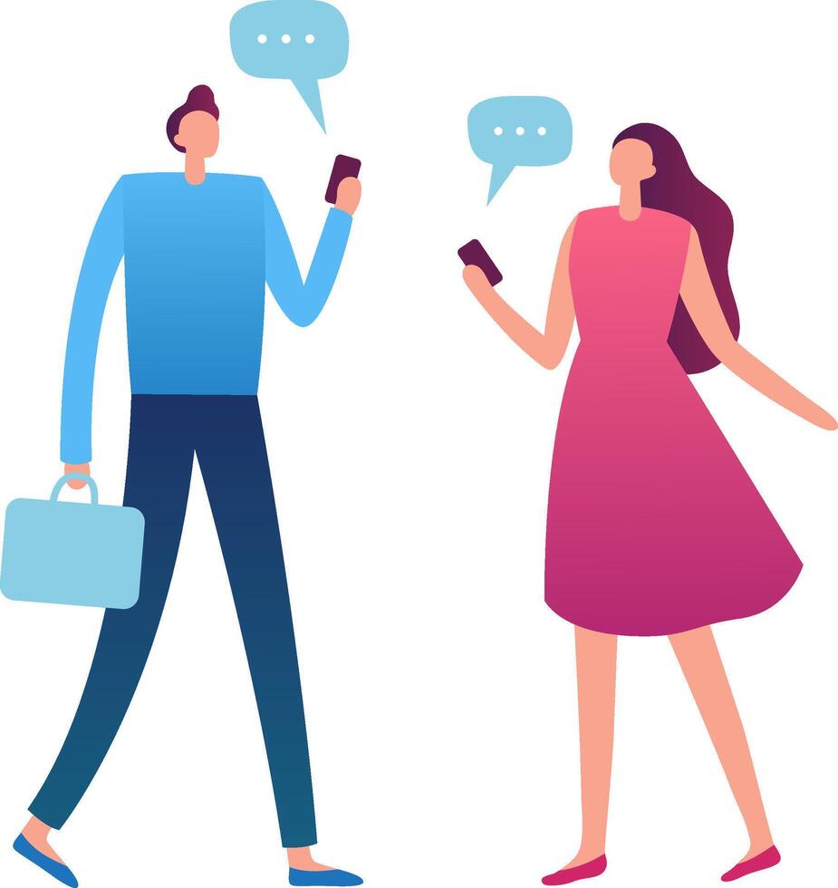Businessman with briefcase and businesswoman holding smartphones and chatting, speech bubbles rising above them, representing communication and mobile technology in business context vector