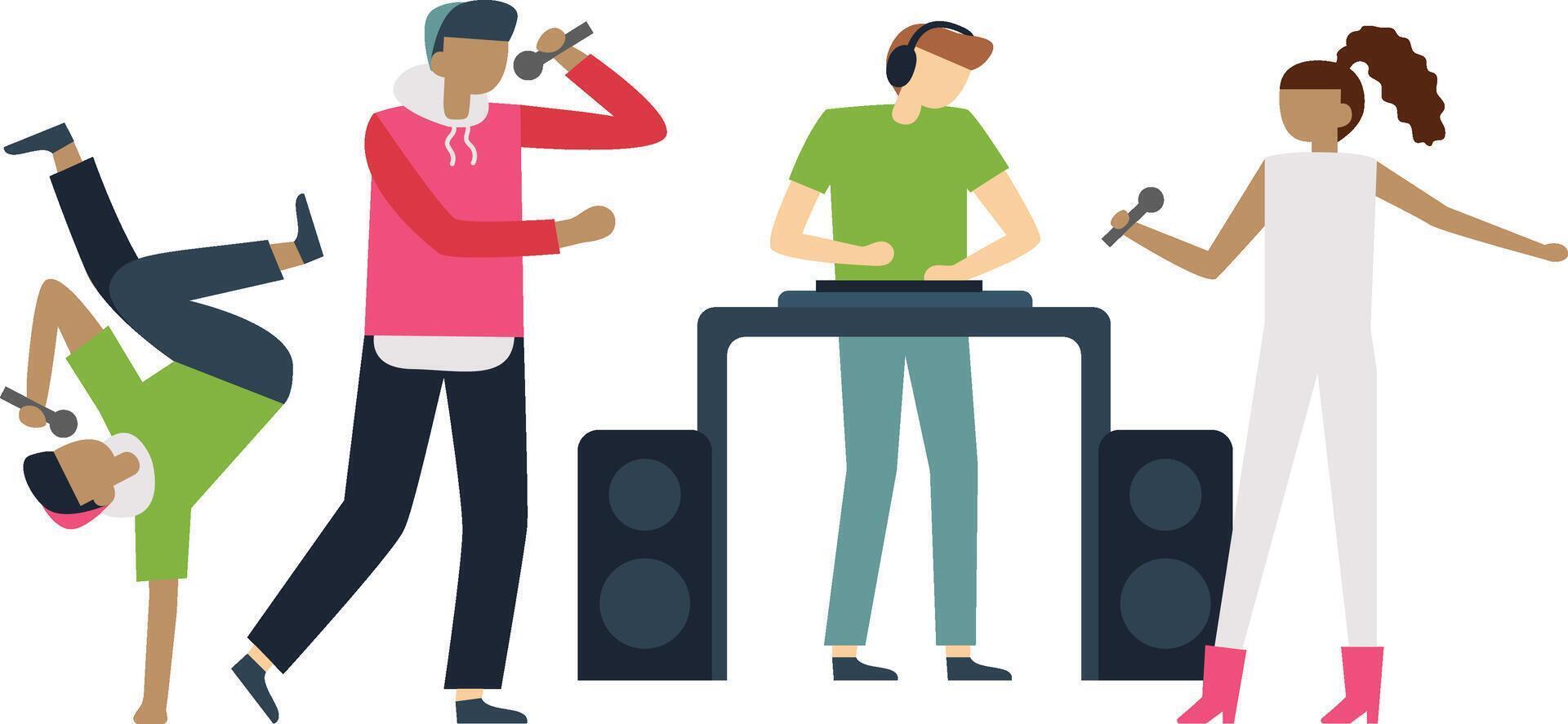Musicians and dancers performing during a live concert, dj playing music, breakdancer showing his skills and two singers holding microphones vector