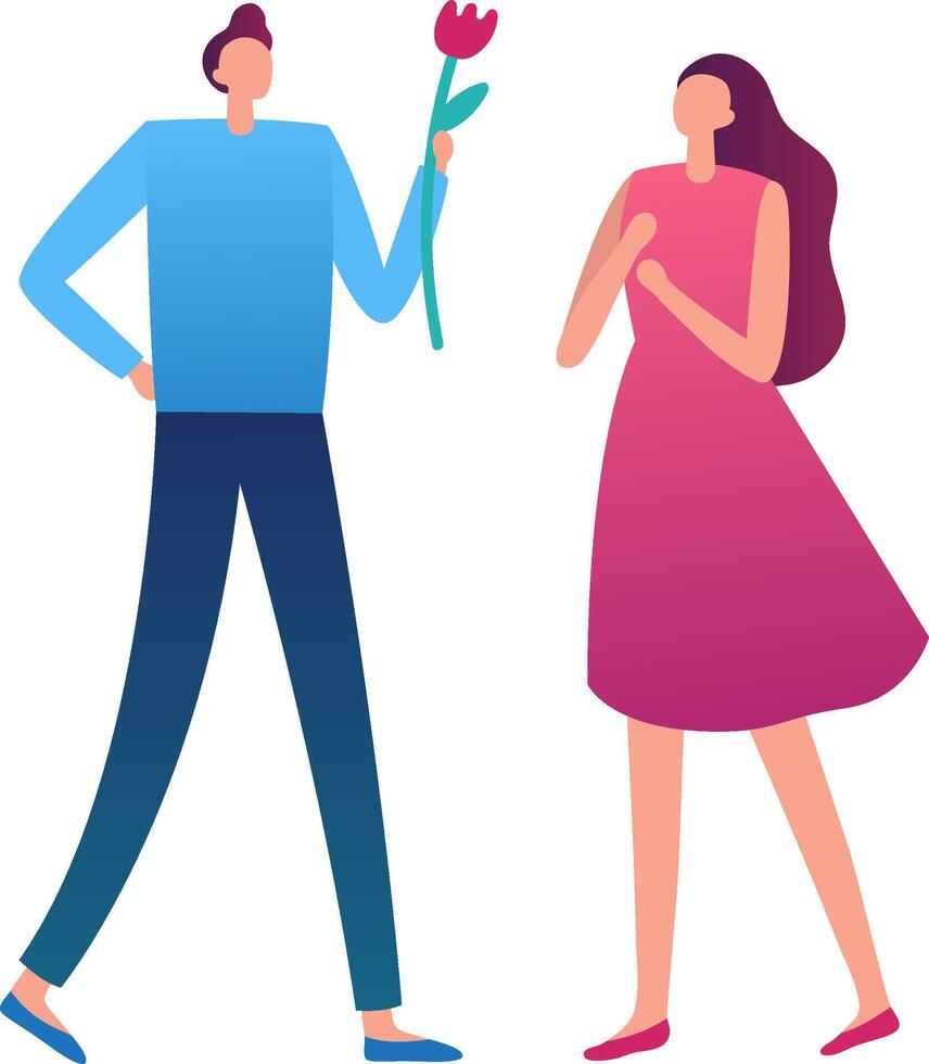 Young man presenting a single flower to a surprised young woman in a colorful illustration capturing love, romance, and joyful togetherness vector