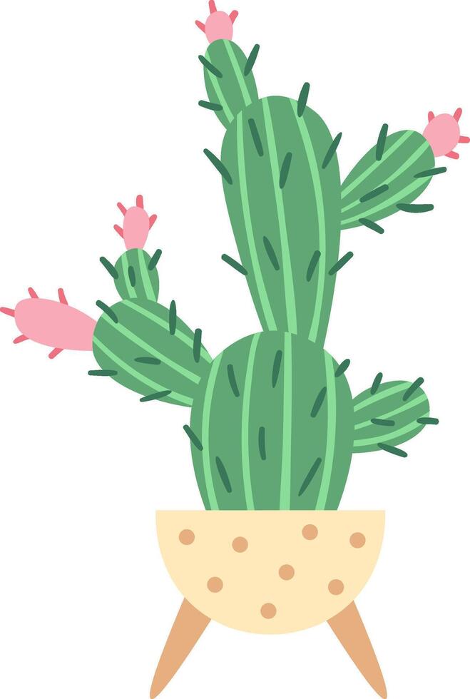 Green cactus adorned with vibrant pink flowers, thriving in a modern beige dotted pot featuring stylish wooden legs, isolated against a clean white background vector