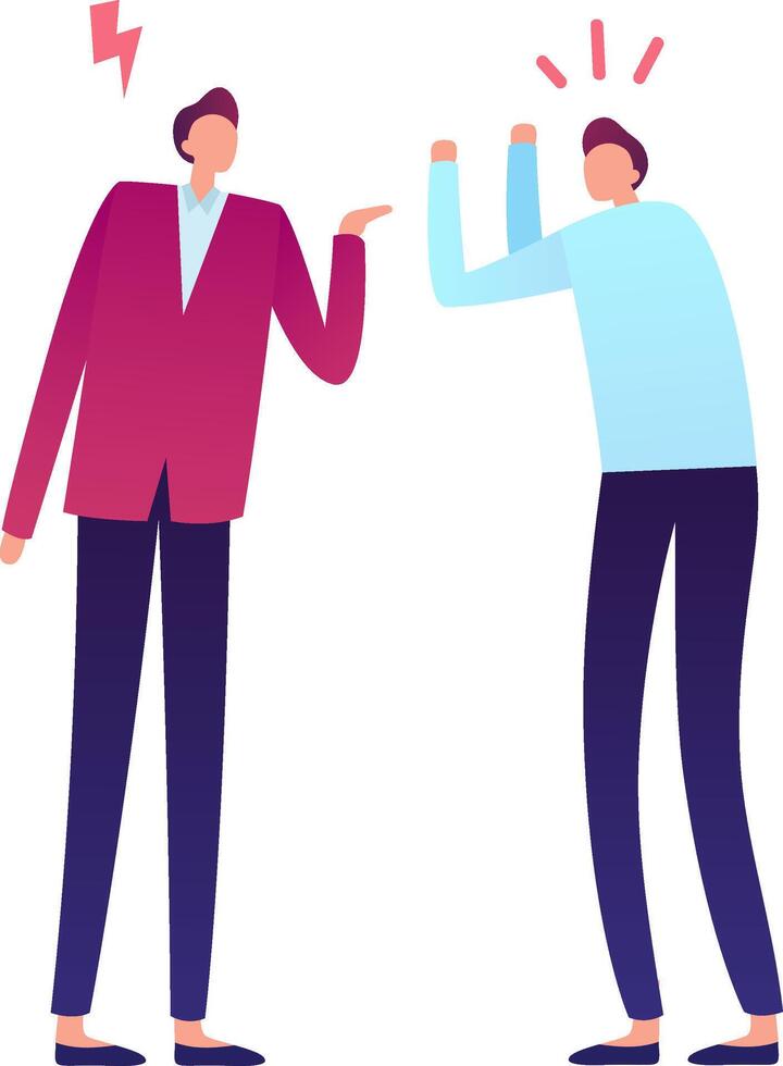 Two businessmen are having a heated argument, with one gesturing angrily and the other raising their arms in frustration, symbolizing conflict and disagreement in a professional setting vector