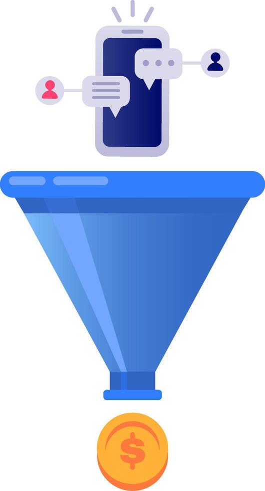 Sales funnel transforming online customers engaging through smartphones into revenue, highlighting digital marketing and lead generation strategies for effective business growth vector