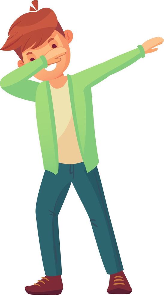 Cartoon illustration of a young man dabbing, covering his face with his arm and pointing the other arm to the side, expressing joy and victory vector