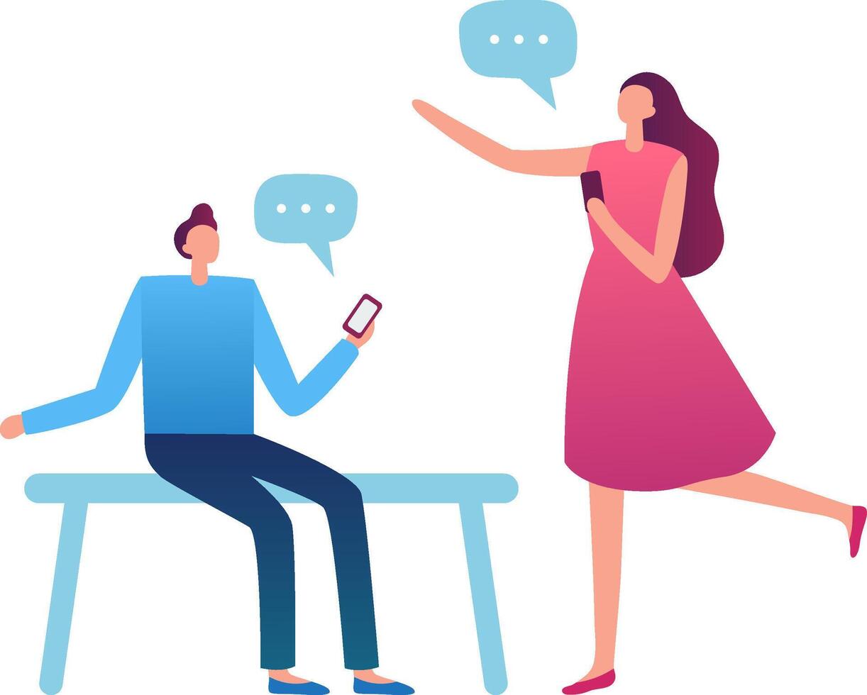 Young man sitting on a bench and chatting online with a standing woman, both holding smartphones and with speech bubbles above them, representing online communication and social media interaction vector
