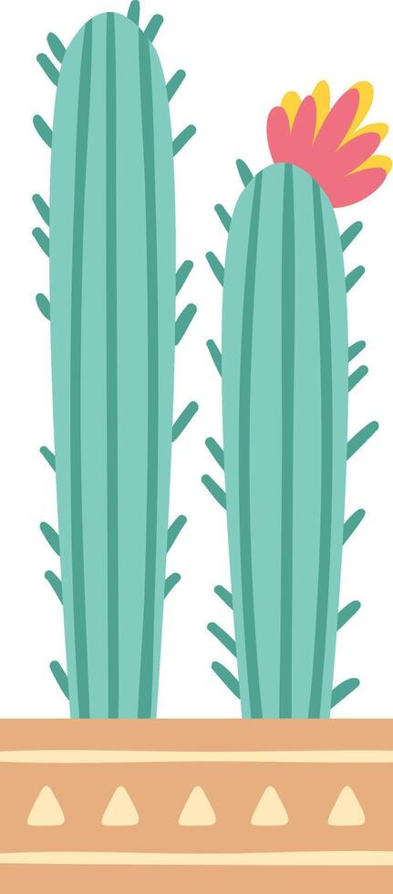 Two stylized cactuses, one of which has a pink and yellow flower, are growing in a decorated pot, bringing a touch of desert charm to any space vector