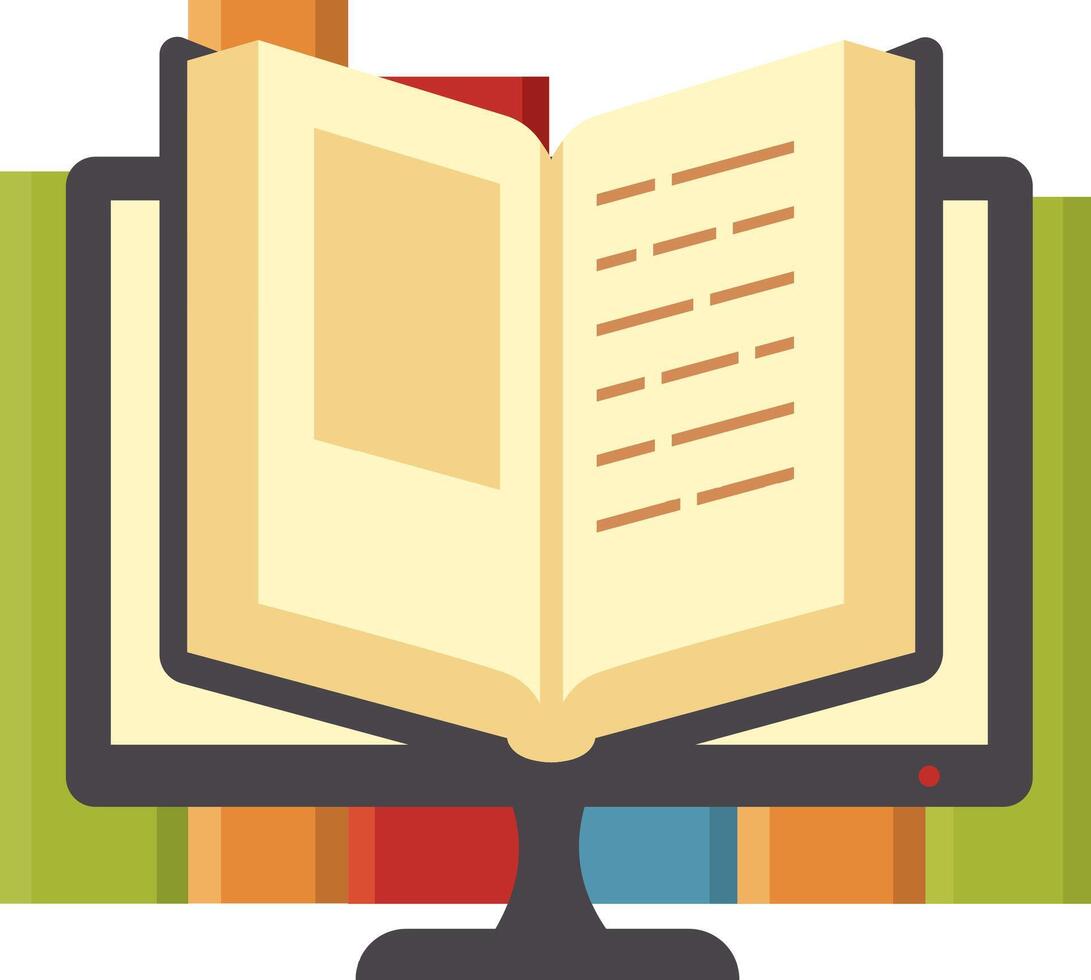 Open book resting on a computer monitor, surrounded by colorful books in the background, illustrating the concepts of online education and e learning in a modern digital landscape vector