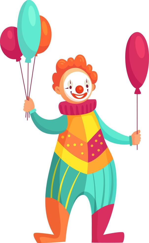 Colorful clown holding balloons, smiling and entertaining audience at a circus, creating a cheerful and festive atmosphere with vibrant colors and playful energy vector