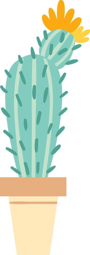 Light green cactus featuring a vibrant yellow flower, thriving in a terracotta pot, presented as a simple illustration against a clean white background vector