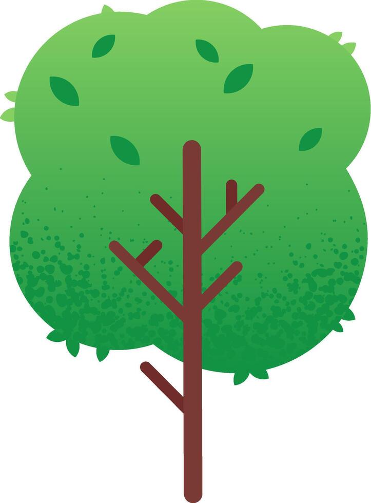 Cartoon illustration featuring a stylized tree with a brown trunk and branches. Supporting a rounded. Bright green crown dotted with simple leaves. Creating a cheerful and minimalist natural element vector