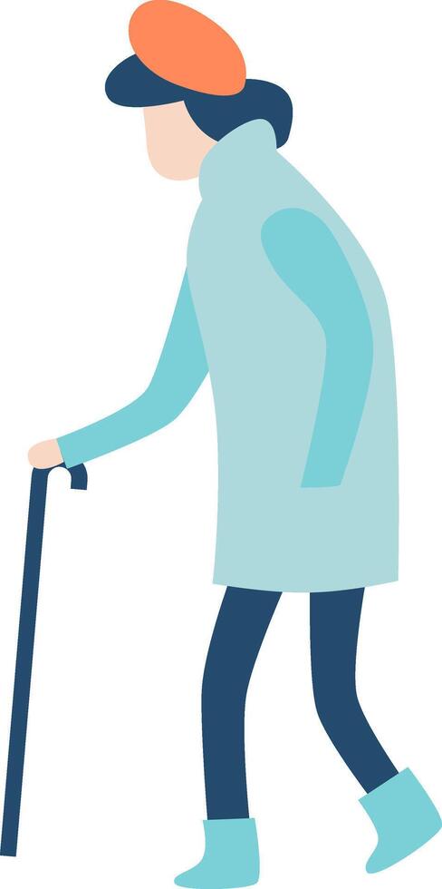 Senior woman wearing a stylish beret, warm winter coat, and sturdy boots, walking with a cane during the cold season, captured in a side view while enjoying the outdoors vector