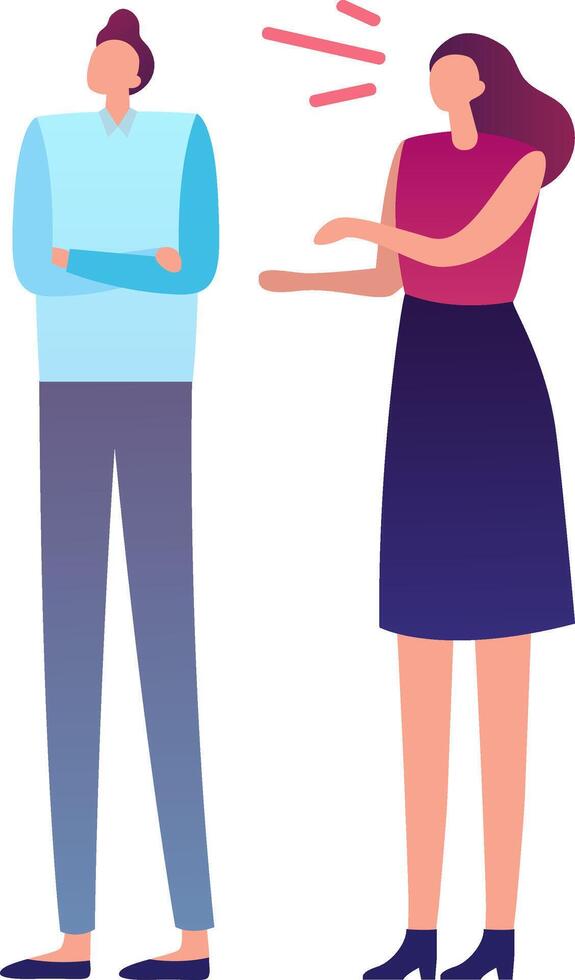 Office colleagues having a disagreement, businesswoman arguing with businessman crossing arms and not listening her, business communication problems and conflict solving concept vector