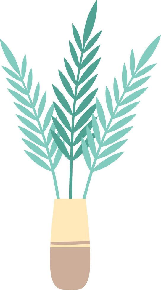 Simple illustration of three elegant stylized green leaves growing in a simple decorative vase with a beige and light yellow body, isolated on a white background vector